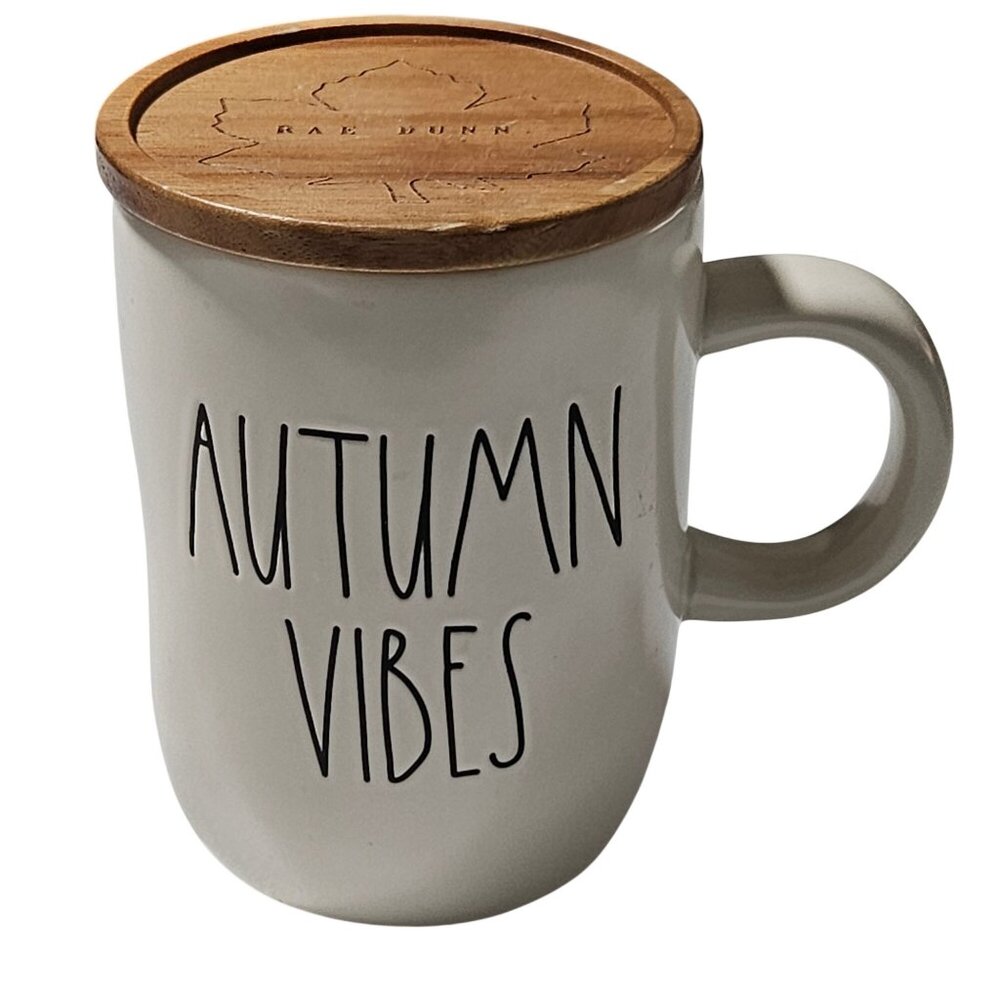 Rae Dunn Autumn Vibes Mug Wooden Leaf Lid  Artisan14 Oz Ceramic Dishwasher Safe